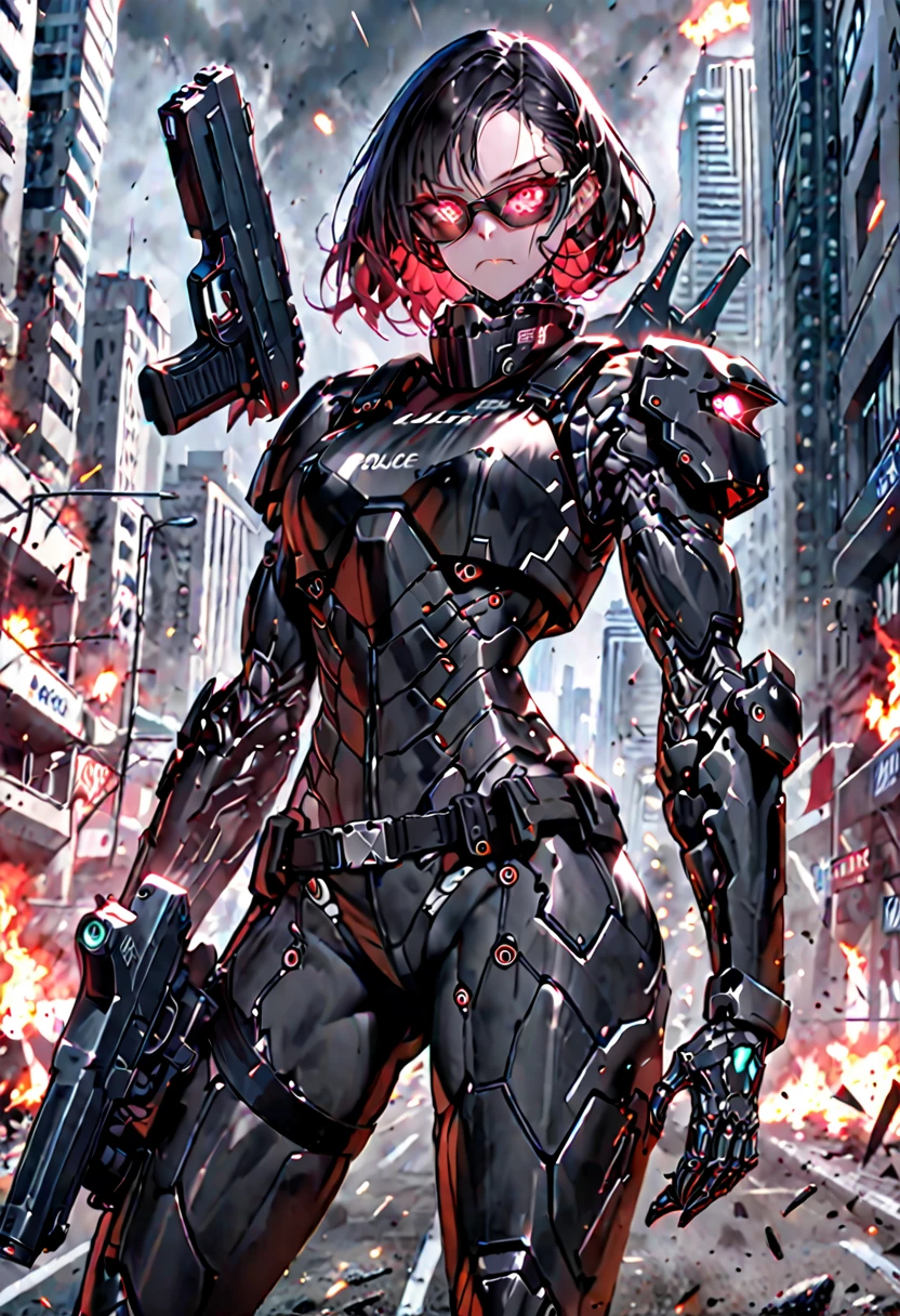 female, solo, tall woman, athletic, futuristic, frown, ballistic armor, holding huge handgun, from the hip up, armored police motorcycle, muscular, police clothes, sunglasses, glowing eyes:0.3, red eyes, sleek black cyborg arms, bullet proof armor, bulky bellistic vest, riot, city, day, 