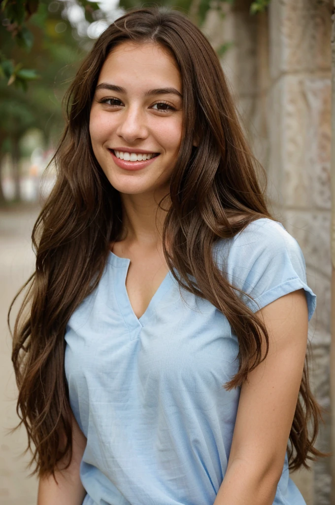 a photo-realistic portrait of a beautiful Palestinian woman with long brown hair, blue shirt, white teeth, and a cute smile, with highly detailed and realistic facial features, modest expression, and realistic white skin tone