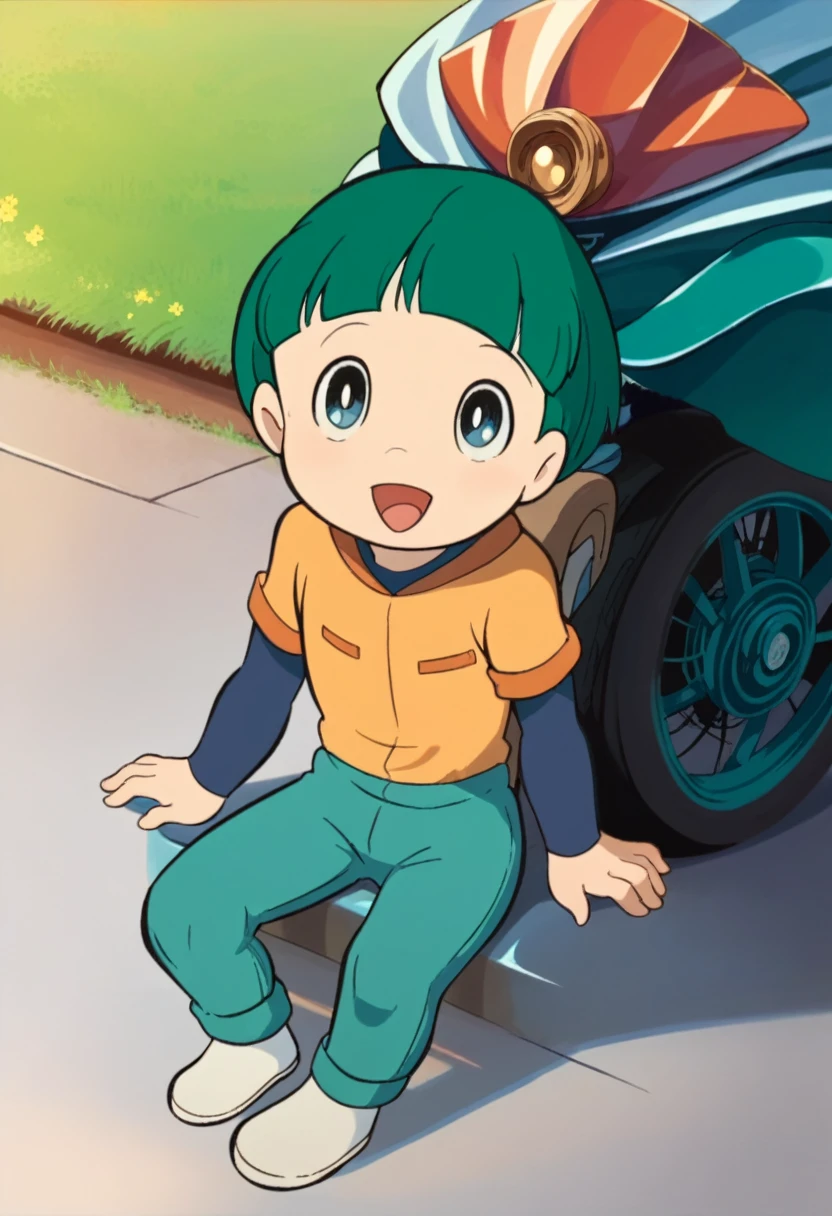 Cute young boy, ropple, blue eyes, green hair, cute face, very smail, laughing, nsfw, small breasts, waist, motorcycle pants, wet spats, cute crotch penis, sitting, full view body,