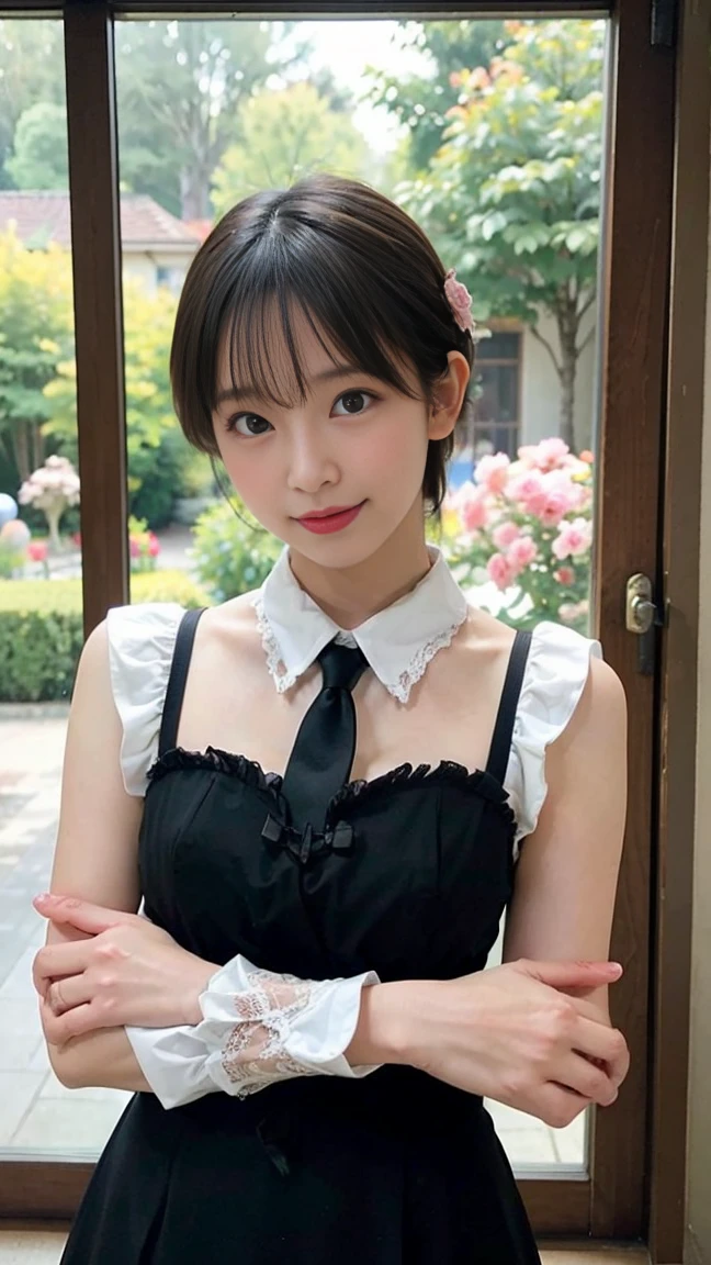 1 Nogizaka Musume、very cute、beautiful girl、19 years old、(gothic fashion)、beautiful face, Exquisite details of eyes and skin、fine black shiny hair、Classy ruffles、frilled tie、ribbon tie、rose hair accessories、(smile at the camera)、(cowboy shot)、(sea of europe)、professional lighting、break、(realistic、Photoreal:1.37)、8K、(masterpiece)、(highest quality:1.4)、(Super high resolution:1.2)、 (Raw photo:1.2)、(delicate lace、soft fabric、beautiful rose pattern dress)、perfect anatomy、4 fingers and 1 thumb、seaside background、(Wallpaper by Unity 8K)
