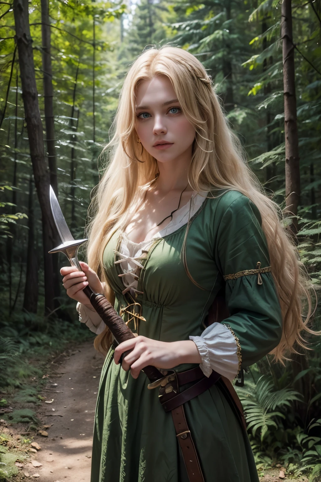 White girl with green eyes and blond long hair, in the middle of a forest, holding a sword in one hand, and magic in the other, she wears medieval or pirate clothes