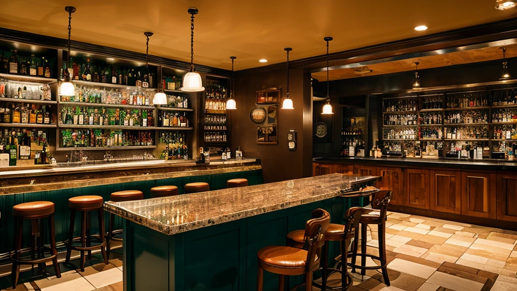A bar with counter featuring beer taps and glasses filled with beer. Below the counter, there are urinals installed along the length of the bar. In front of the counter, there are bar stools with padded seats and backs. The background shows a typical bar setting with shelves, bottles, and soft lighting.