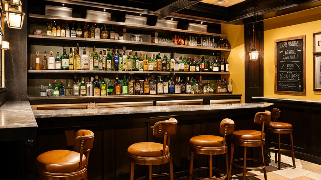 A bar with counter featuring beer taps and glasses filled with beer. Below the counter, there are urinals installed along the length of the bar. In front of the counter, there are bar stools with padded seats and backs. The background shows a typical bar setting with shelves, bottles, and soft lighting.