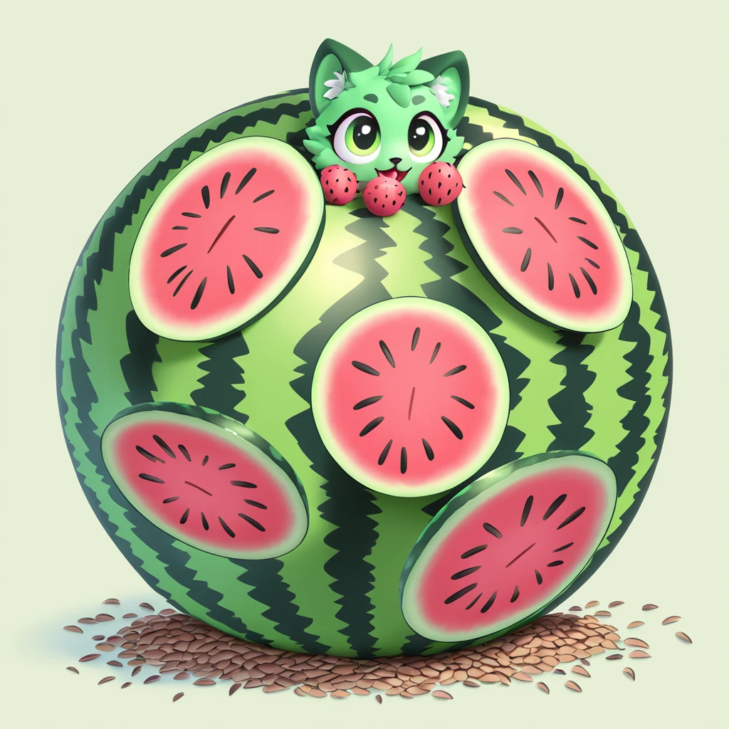fluffy cute ball of watermelon with wild eyes and a mouth full of seeds