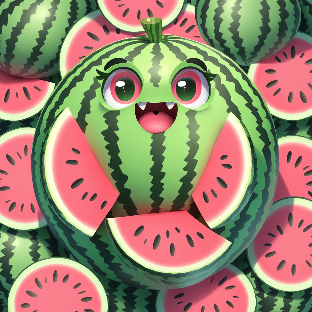 fluffy cute ball of watermelon with wild eyes and a mouth full of seeds
