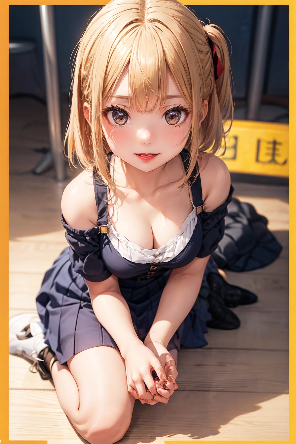 Highest quality、4K quality、Young woman shopping、Off-shoulder tight shirt、Short skirt、Beautiful thighs、Soft Breasts、Looking up at the photographer、Get down on one knee to put on your shoes、Cover your chest with your hands、Shooting from below, front、Red lipstick、Bangs too、Blonde slender