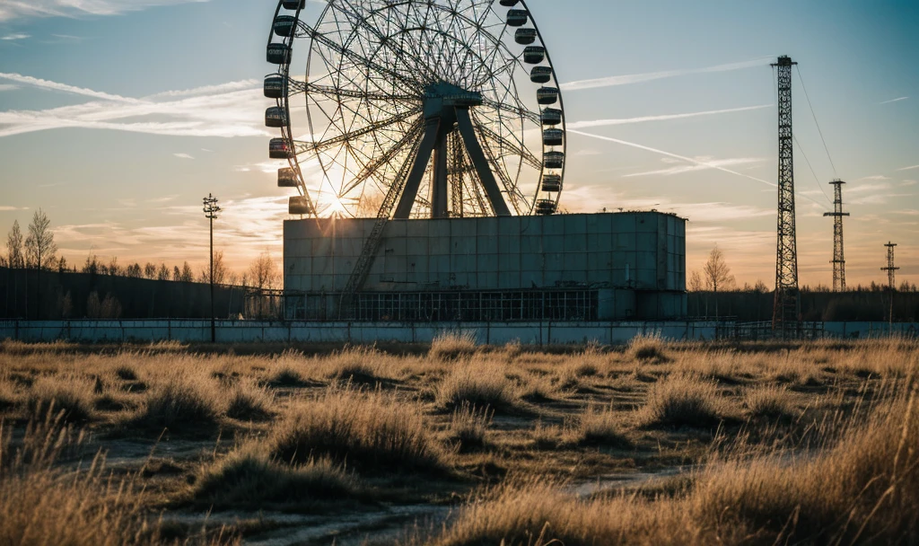 ((Best Quality)), ((Masterpiece)), (detailed), Chernobyl with lights and punk graffiti with many details without people seen from afar behind a Ferris wheel with dry grass