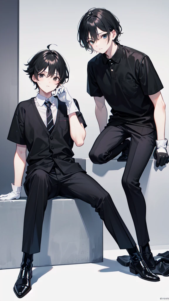 18-year-old boy,cute,Wear a white short-sleeved shirt and a black work tie,Wear black pants,Wear black booties,Wear white gloves,Black hair,Black eyes,porn pose