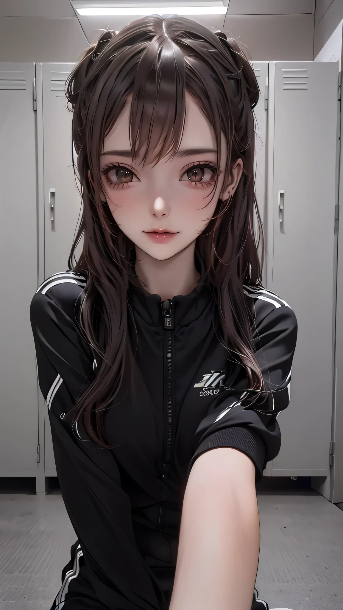 locker room,track suit,(Thin type:1.5),(large breasts),(random hairstyle),(Highest image quality,(8K), Ultra-realistic, Best Quality, High quality, High Definition, high quality texture, high detailing, Beautiful detailed, fine detailed, extremely details CG, Detailed texture, realistic representation of face, masterpiece, presence)