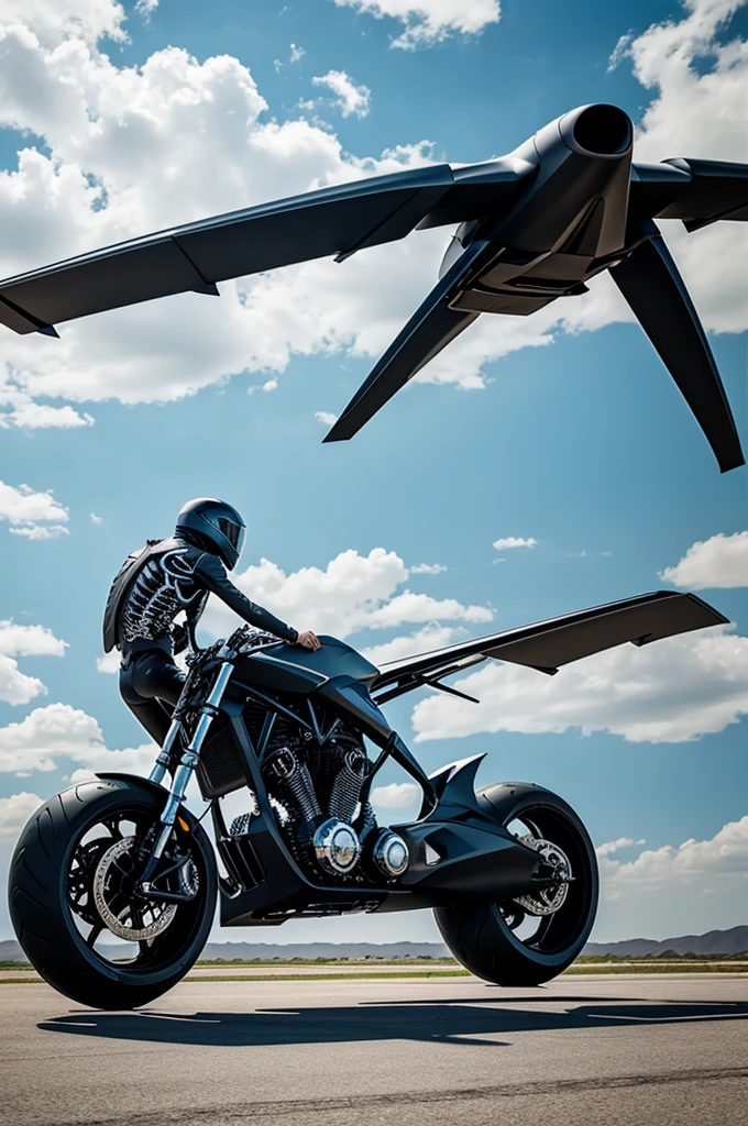 Surreal world, a skeletal person and a futuristic motorcycle that flies like an airplane.