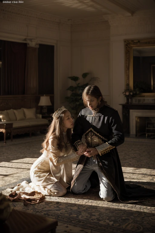 Ambiguous scene，The knight kneels before the queen, Long legs, Luxurious palace,  Destruction and volumetric lighting. Very detailed.)
