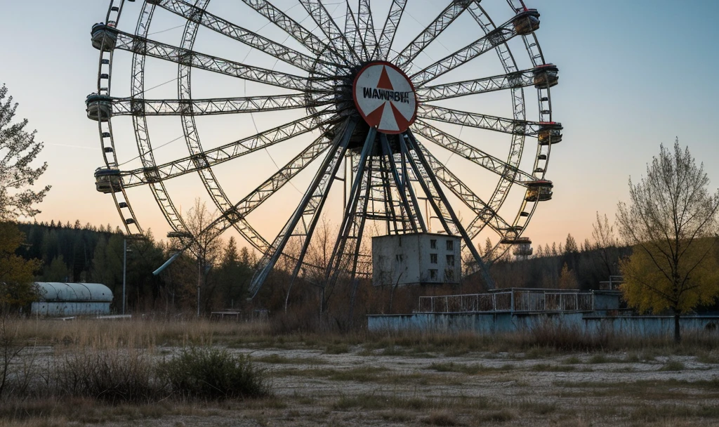 ((Best Quality)), ((Masterpiece)), (detailed), Chernobyl with lights and punk graffiti with many details without people seen from afar that there is a Ferris wheel with abandoned dry grass