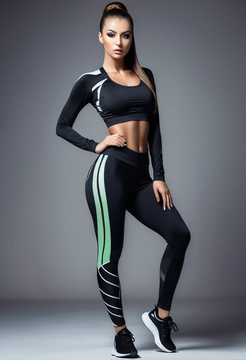 Beautiful attractive woman, beautiful avant garde style, sportswear, leggings, shoes sport, full length, beautiful eyes 