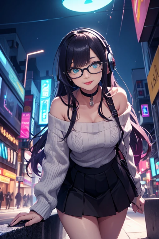 ((best quality)), ((masterpiece)), ((detailed eyes)), perfect face, female, gamer girl, ((aqua eyes)), (cherry-red lips), light smile, long black hair, purple streaked hair, wearing headphones, bangs, ribbon, choker, nerdy glasses, she is wearing white off-shoulder sweater, she is on the ground, ((missionary pose)), ((legs spread open)), inner thighs exposed, black skirt, nighttime, neon lights, colorful lights, purple and cyan themed background