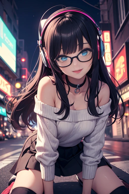 ((best quality)), ((masterpiece)), ((detailed eyes)), perfect face, female, gamer girl, ((aqua eyes)), (cherry-red lips), light smile, long black hair, purple streaked hair, wearing headphones, bangs, ribbon, choker, nerdy glasses, she is wearing white off-shoulder sweater, she is on the ground on her knees, missionary pose, ((legs spread open)), black skirt, nighttime, neon lights, colorful lights, purple and cyan themed background