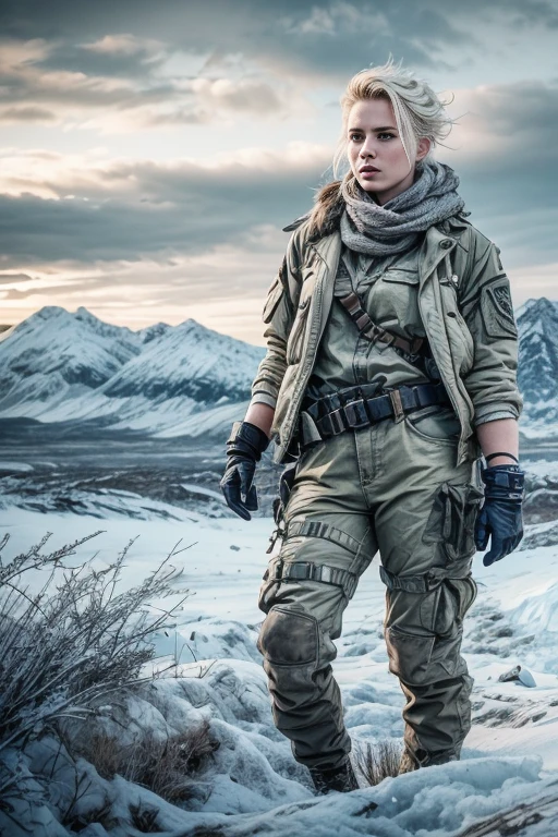 Masterpiece, full body shot of a beautiful 35 years old Norwegian woman in a post-apocalyptic frozen wilderness, relaxed pose, punk blonde hi-top short hair shaved on sides , blue-grey eyes, very pale skin, high detailed skin, high detailed eyes , though face, dramatic face, badass face, tired face, wearing military dirty white pants, wearing a military scarf white and grey pattern, wearing a winter camo military vest, tough girl, tense girl, focus girl, post-apocalyptic style, RAW, Dramatic lighting, threatening nordic sky, 8K, ultra high res.photorealistic, UHD, DSLR, RAW, Phase one XF IQ4, 150 MP, post apocalyptic snowy Fjord landscape in the background, Mad Max movie vibes