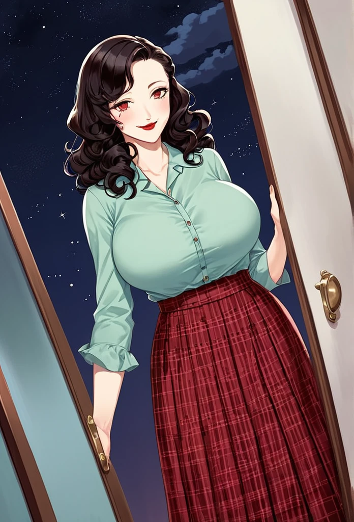 detailed illustration (side view),dynamic angle,ultra-detailed, detailed eyes, detailed face, 1girl, night , nightime, stars, 1940’s wife, button up blouse and long skirt, anime half closed eyes, lidded eyes, bedroom eyes, knowing smile, mischievous smile, smirk, standing in kitchen, domestic goddess, black hair, huge breasts, wholesome yet sexy, motherly, nurturing, MILF, glass sliding door, moonscape outside, dark blue eyes, highly detailed eyes, detailed eyes, bright eyes, long hair, wavy hair, red lips