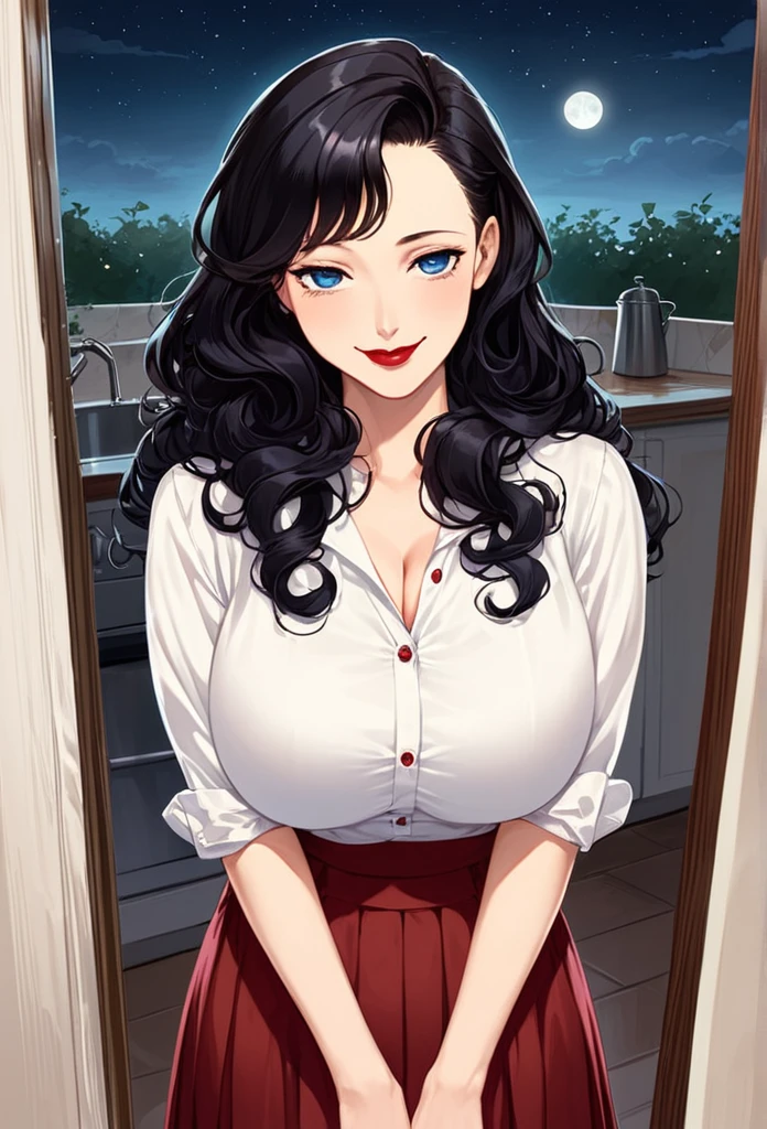 detailed illustration (side view),dynamic angle,ultra-detailed, detailed eyes, detailed face, 1girl, night , nightime, stars, 1940’s wife, button up blouse and long skirt, anime half closed eyes, lidded eyes, bedroom eyes, knowing smile, mischievous smile, smirk, standing in kitchen, domestic goddess, black hair, huge breasts, wholesome yet sexy, motherly, nurturing, MILF, glass sliding door, moonscape outside, dark blue eyes, highly detailed eyes, detailed eyes, bright eyes, long hair, wavy hair, red lips