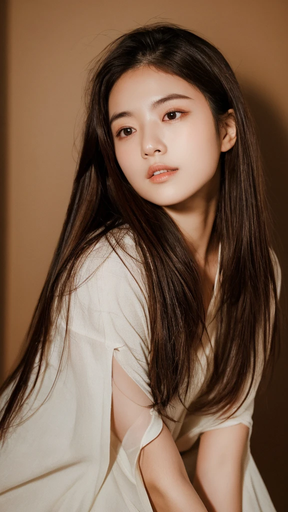 Highest quality,masterpiece,Ultra-high resolution,(Realistically:1.5),RAW Photos, 21-year-old Japan woman、In the light,Deep Shadow,low posture,Cold Light,Sexy Looks,Long Hair、Brown Hair