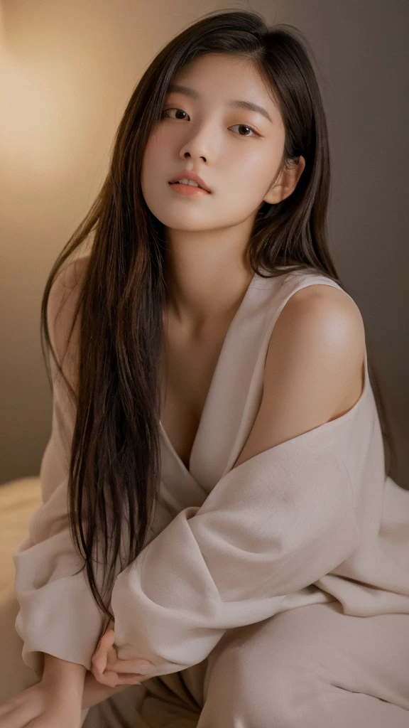 Highest quality,masterpiece,Ultra-high resolution,(Realistically:1.5),RAW Photos, 21-year-old Japan woman、In the light,Deep Shadow,low posture,Cold Light,Sexy Looks,Long Hair、Brown Hair