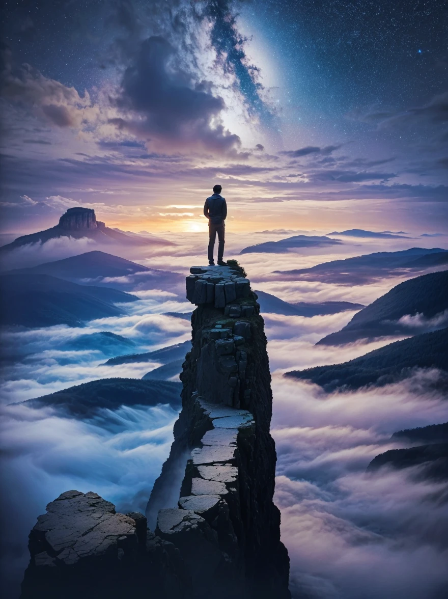 (look from behind),A man standing on a cliff,In a dream, misty landscape,(Kizi'is back perfect),(with your back to the public),Surrounded by a vortex of cosmic energy,The back of a person wrapped in a flowing cloak,Mixing with the celestial currents,The sky is a tapestry of deep purples and blues,Dotted with stars,The landscape below vaguely shows the rolling mountains,This scene is peaceful and sublime,Capturing the majestic nature of the universe,A thoughtful figure marvels