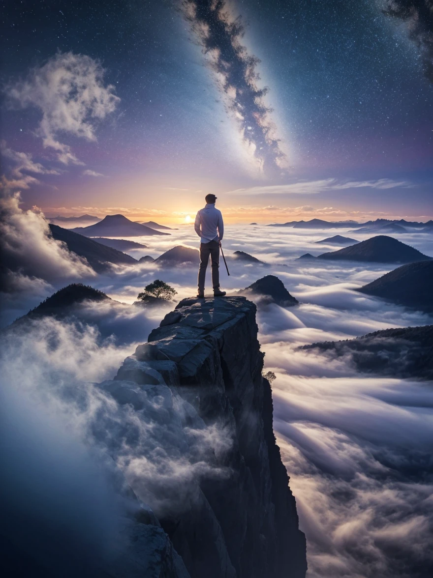 (look from behind)，A man standing on a cliff，In a dream, misty landscape，(Kizi&#39;is back perfect)，(with your back to the public)，Surrounded by a vortex of cosmic energy，The back of a person wrapped in a flowing cloak，Mixing with the celestial currents，The sky is a tapestry of deep purples and blues，Dotted with stars，The landscape below vaguely shows the rolling mountains，This scene is peaceful and sublime，Capturing the majestic nature of the universe，A thoughtful figure marvels