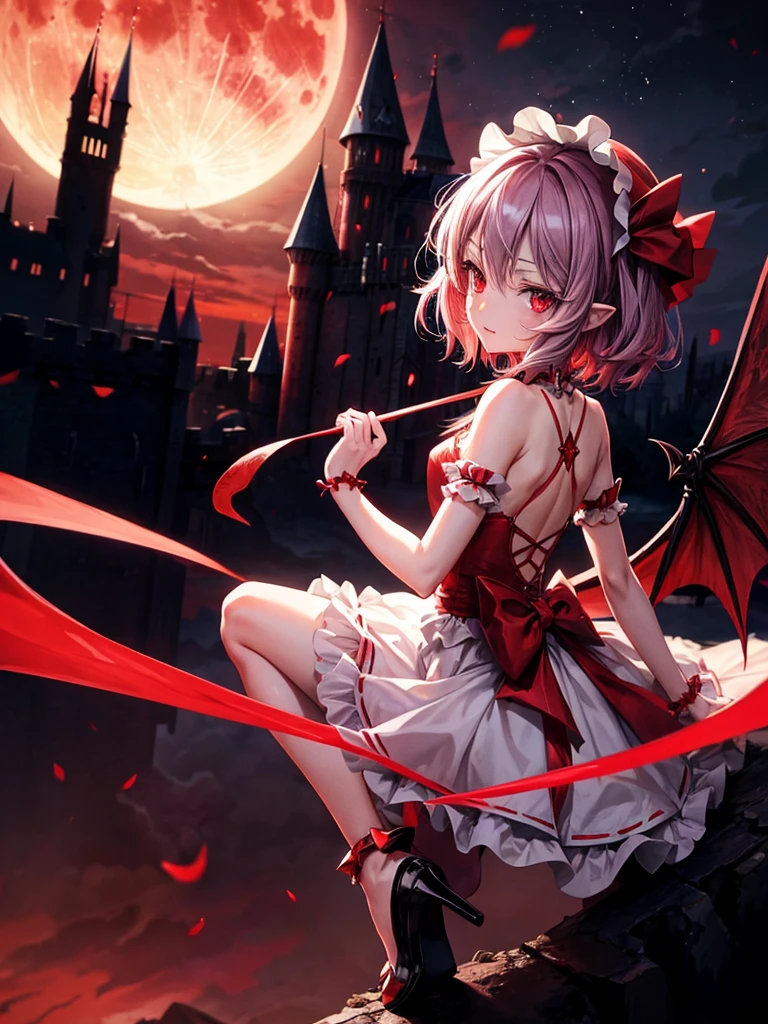 (Remilia Scarlet), ****, skirm, growing red eyes, red full moon, blight red sky, dynamic angle, a castle in background, 8k wallpaper, glowify, more_details:1