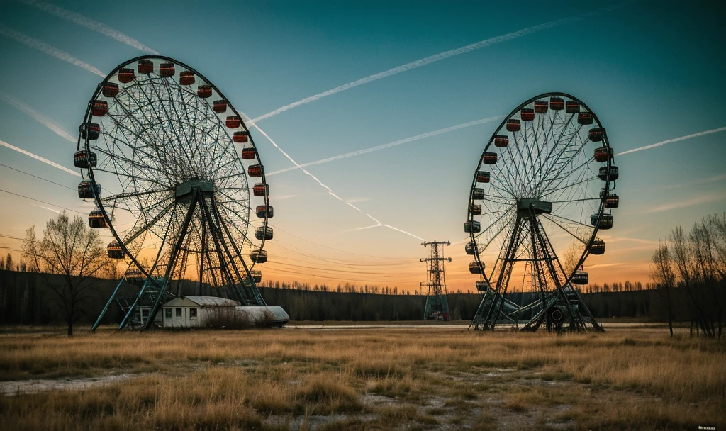 ((Best Quality)), ((Masterpiece)), (detailed), Chernobyl with lights and punk graffiti with many details without people seen from afar that there is a Ferris wheel with abandoned and rusty dry grass


