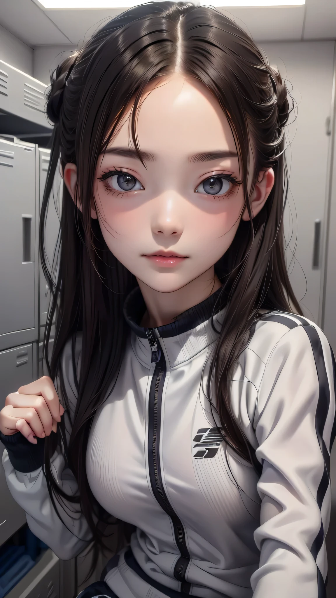locker room,track suit,(Thin type:1.5),(large breasts),(random hairstyle),(Highest image quality,(8K), Ultra-realistic, Best Quality, High quality, High Definition, high quality texture, high detailing, Beautiful detailed, fine detailed, extremely details CG, Detailed texture, realistic representation of face, masterpiece, presence)