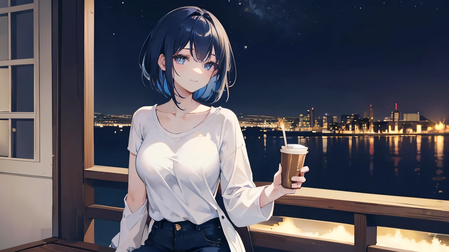 girl with short dark blue hair, cute dark blue and calm eyes, smile, pale skin, holding a cup of coffee with both hands. She has a white t-shirt that shows off her big, soft, naked breasts, a black rock-style jacket, and light blue pants. She is sitting on a bench on a balcony looking at the city at night, with some candles that gives it a romantic touch. It's night.