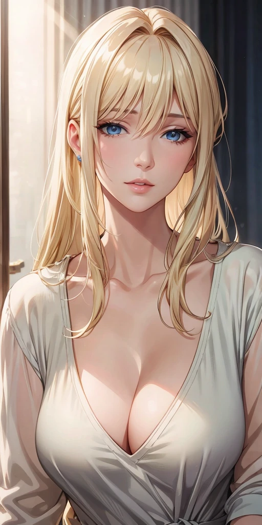 Realistic, Elegant mature woman, blonde hair, blue eyes, soft light, 4k resolution, high quality