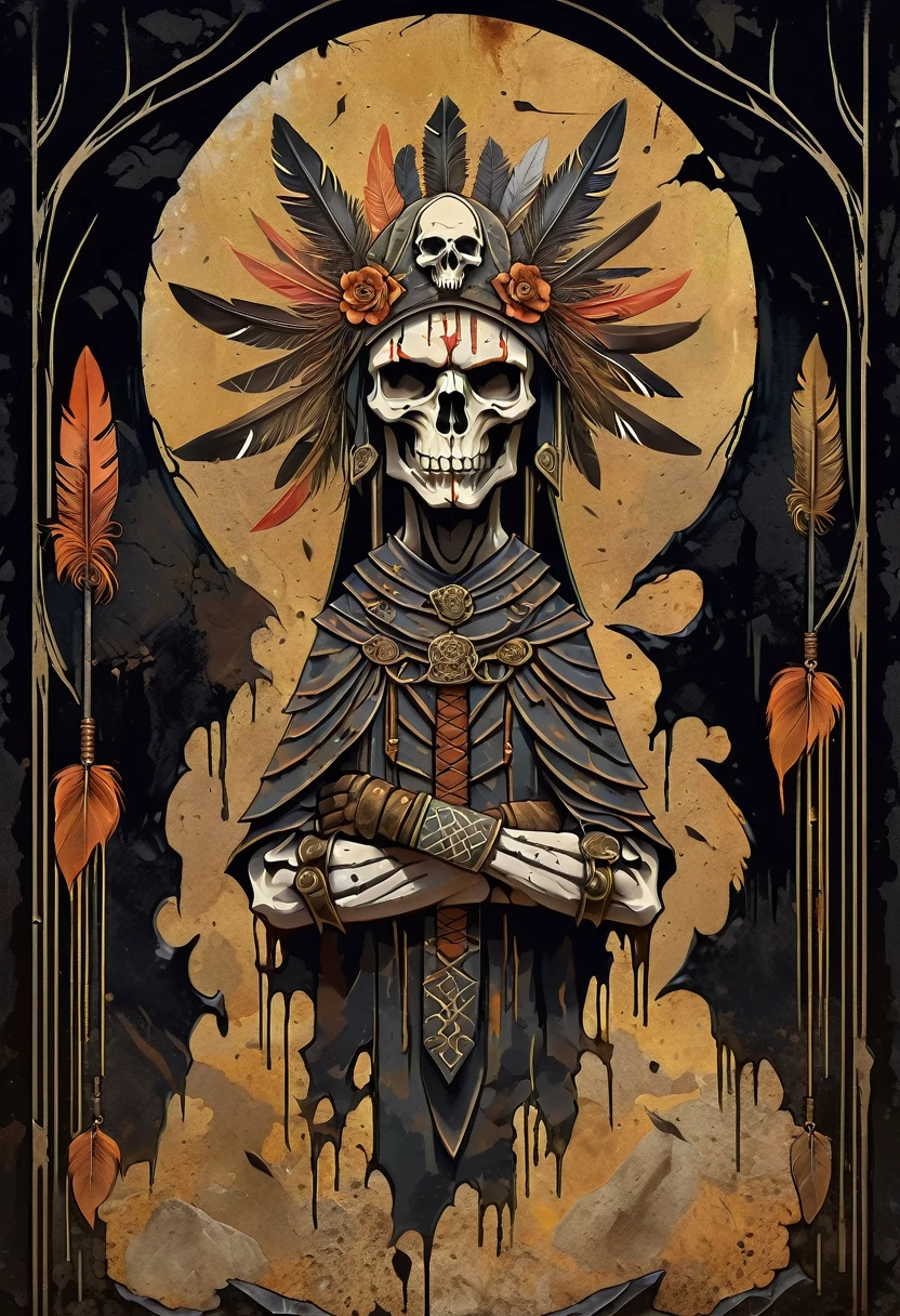 (best quality,4k,8k,highres,masterpiece:1.2),ultra-detailed,(realistic,photorealistic,photo-realistic:1.37),oil painting,colorful,brush strokes,dramatic lighting,horror,skull man warrior,aged paper,aesthetic,dripping ink,gritty texture,dark and moody atmosphere,detailed facial features,expressionless face,intense gaze,weathered armor,worn out sword,ancient runes,crow feathers,ominous background,grim reaper vibes,haunting,creepy,macabre,vintage style,monochrome with sepia tones,contrast,depth,texture,old world charm,subtle decay,aged elegance,cracked paint,weathered detailspeated paint,cracked stone texture,long shadows,dusty appearance,creased edges,sculptural quality
