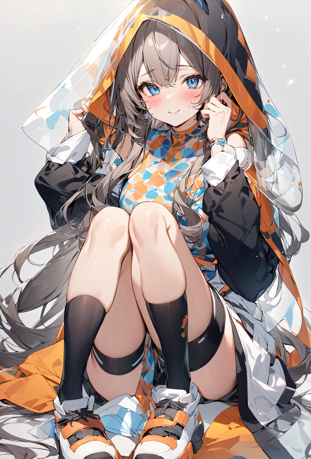 ((Highest quality)), ((masterpiece)), ((Very detailed)), (Very mature),A cute, gentle-looking female high school student with black hair and a height of about 165cm.,A female high school student with big breasts and a cute smile wearing a transparent blue waifus with a cute patterned hood and bare shoulders, A gentle woman with a slightly long vertical face,Small Faced Woman,alone, Cute attitude,(background(bright),Long Hair - Straight,Knee-high socks、A transparent blue veil with a cute pattern and white hood with off-the-shoulder sleeves,White wall、Sitting、Facing the viewer、縁に模様がある壁が1面のbackground