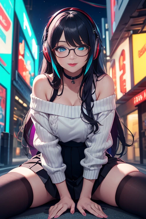 ((best quality)), ((masterpiece)), ((detailed eyes)), perfect face, female, gamer girl, ((aqua eyes)), (cherry-red lips), light smile, long black hair, purple streaked hair, wearing headphones, bangs, ribbon, choker, nerdy glasses, she is wearing white off-shoulder sweater, she is sitting on the ground, ((missionary pose)), ((legs spread open)), inner thighs exposed, black skirt, nighttime, neon lights, colorful lights, purple and cyan themed background