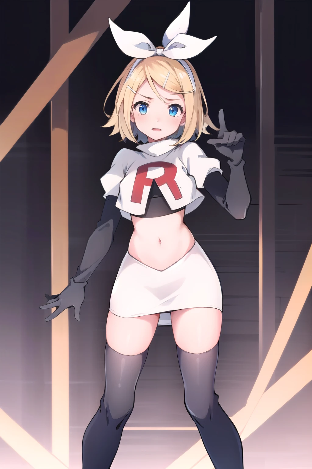 masterpiece, best quality, absurdres, perfect ???????, 1girl, solo, Kagamine Rin, short hair, bow, team rocket,team rocket uniform,white skirt,red letter R,crop top,black thigh-highs,black elbow gloves