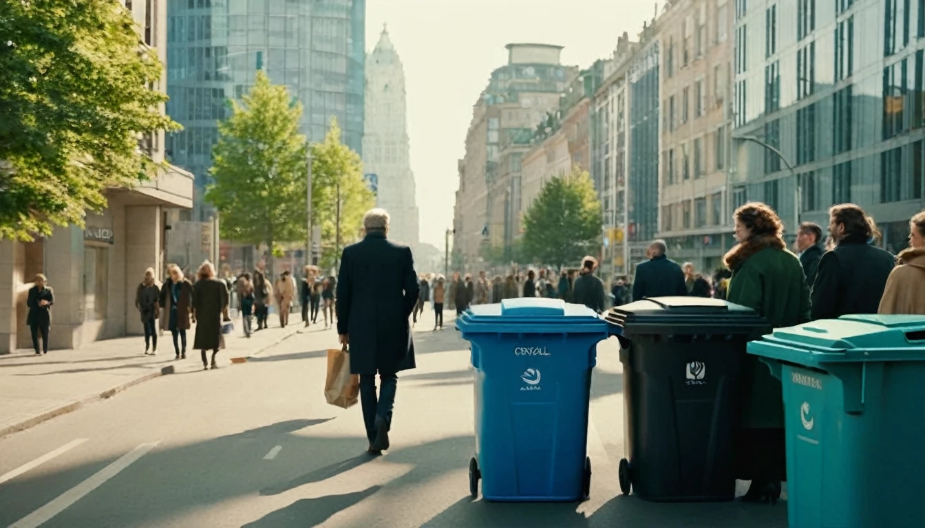middle ground camera view of many kind of beautiful people walking on the street wearing ((in front of the houses(((there are big garbage mounds on the street and many full trash cans))).They are walking in a pedestrian street in a megacity at morning time. Males are wearing suits or t-shirt with blue jeans. the people have photorealistic faces and bodies, different detailed facial features, perfect eyes and mouthes and skins with real human hands and hair blown in the wind, rule of thirds.Different styled high tech futuristic buildings cover the side of the street, the natural light of the sun illuminates at daytime. Bustling megacity with many skyscrapers in the background, Natural lights, neutral colors, lomochrome, vintage color tones, dramatic, dynamic composition.Lifelike textures, sharp focus, depth of field, cinematic lighting, Contrast lighting, volumetric lighting, best shadows,sharp focus, depth of field, movie styled, crystall clear, photorealism, Realism, Cinematic, Photoreal, 35mm film Screengrab a Super Panavision film, in color. best quality , hdr, uhd, 8k, 35 mm film, analog camera shot.