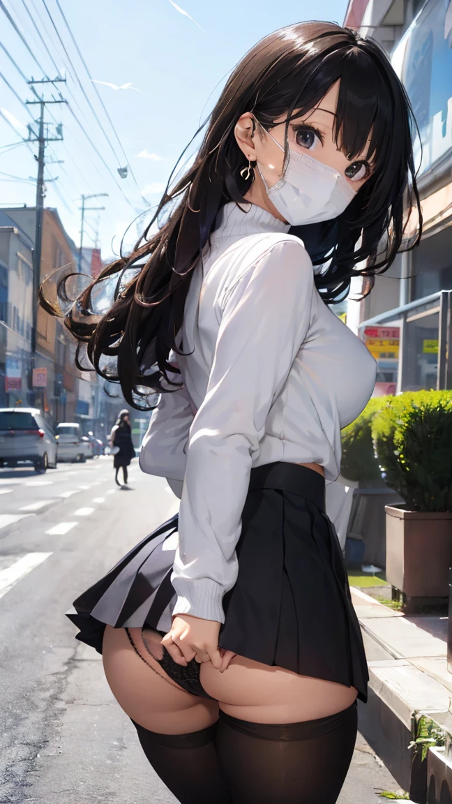 Supermarket casual clothes, Full body in a supermarket while shopping, (((White Mask:1.3))),woman, 20-year-old, Short black hair、Bans、Puffy nipples、(White turtleneck knit)、(Black long skirt), Black Stockings Ediumi Milk, Cute Smile、((Poses that accentuate the buttocks、looked back))、Sexy Hips、Black high heels、Big Necklace、((((The wind blew my skirt away, Exposing panties...))))、(紫の lace panties)、Cute Earrings、(Please tilt your head a little),.(((Wearing black tights)))