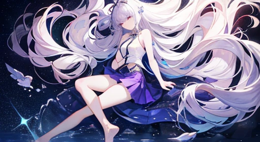 Light purple gradient hair,Asymmetrical hair,((Very voluminous hair 1.8,Clear head outline 1.5)), Shoulder-length hair, Messy hair, Very long hair, Shiny hair,(Long hair:1.2),A beautiful girl,Gorgeous purple mini skirt,High and tall,Slender,(Looks sad,Pale,Grief,Shut up:1.2) With a dark starry sky as the background,Side-lying,barefoot,float,water surface,dignified,Long Law,Long Law,Complete,Normal legs,Full Body Love