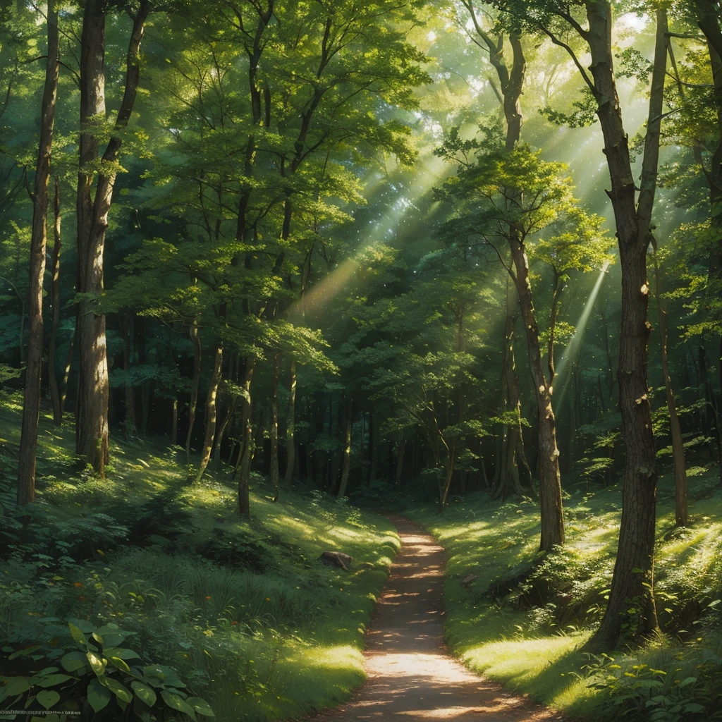 painting of a forest scene with a sunbeam and trees, background art, anime background art, forest drawing elegant, painting of a forest, forest clearing, verdant forest, forest clearing landscape, lush environment, forest environment, forest outside, environment art, environment painting, sunny environment, peaceful environment, anime lush john 8k woods, sunlight study, wooded environment