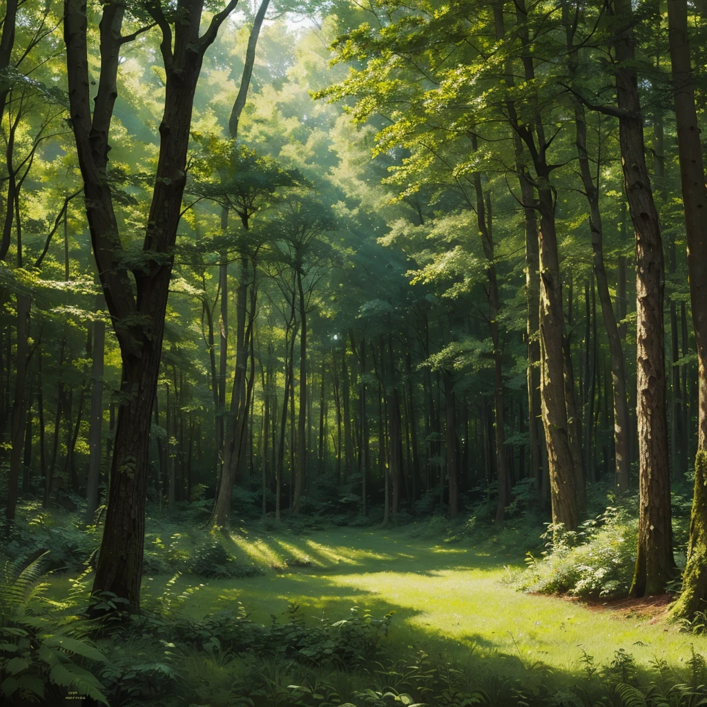 painting of a forest scene with a sunbeam and trees, background art, anime background art, forest drawing elegant, painting of a forest, forest clearing, verdant forest, forest clearing landscape, lush environment, forest environment, forest outside, environment art, environment painting, sunny environment, peaceful environment, anime lush john 8k woods, sunlight study, wooded environment