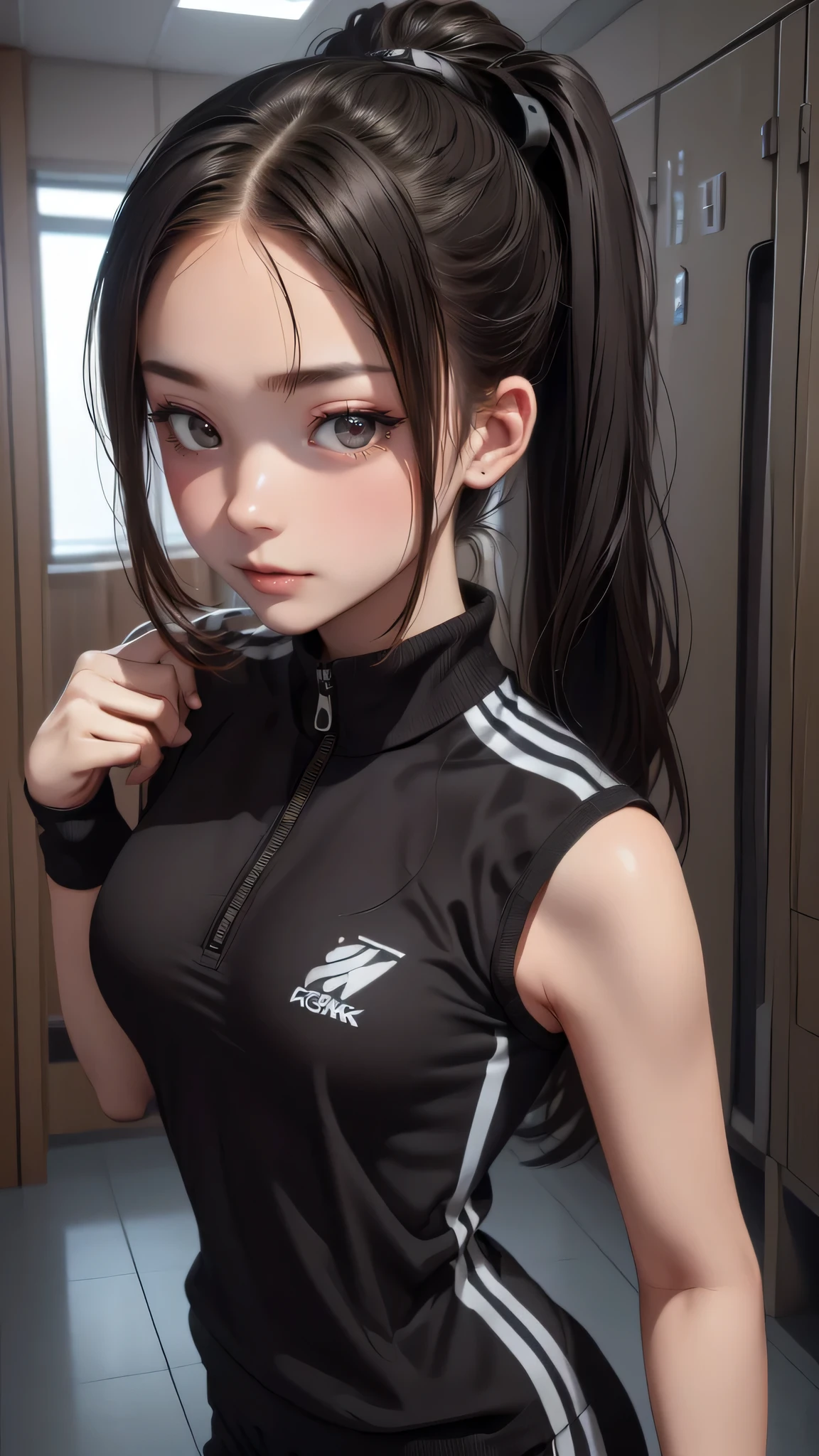 locker room,track suit,(Thin type:1.5),(large breasts),(random hairstyle),(Highest image quality,(8K), Ultra-realistic, Best Quality, High quality, High Definition, high quality texture, high detailing, Beautiful detailed, fine detailed, extremely details CG, Detailed texture, realistic representation of face, masterpiece, presence)