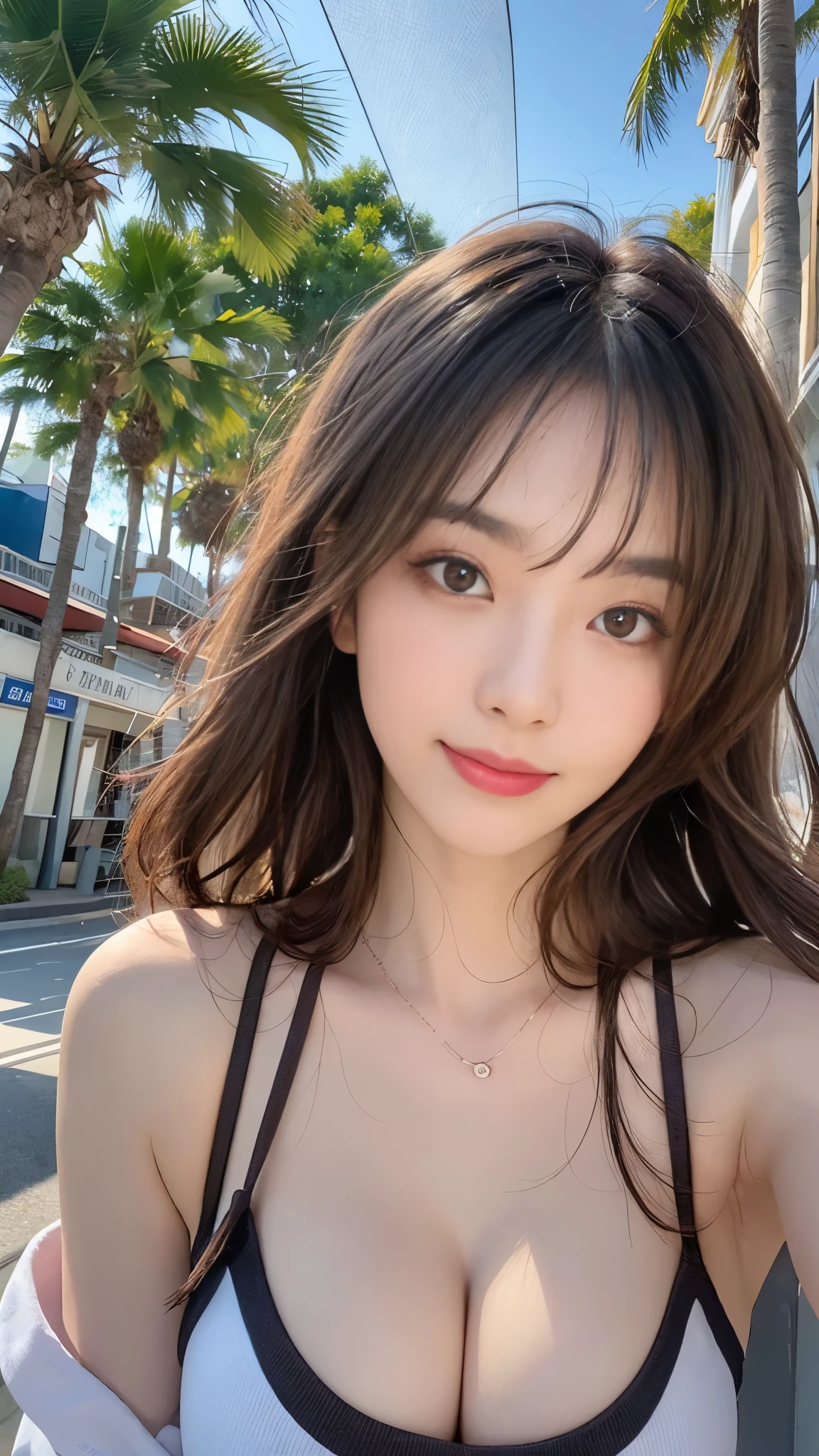 ((Realistic lighting、Highest quality、8K、masterpiece:1.3))、Clear focus:1.2、 girl、Perfect Body Beauty:1.4、Slim Abs:1.1、whole body、((Dark brown hair、Large Breasts:1.3))、(Acceleration:1.4)、(Nice、dawn:1.1)、View of Waikiki Beach、Palm tree、Thin face、Beautiful Eyes、double eyelid、Fashion model posing、Floating Hair、T-Shirts、Cleavage、smile