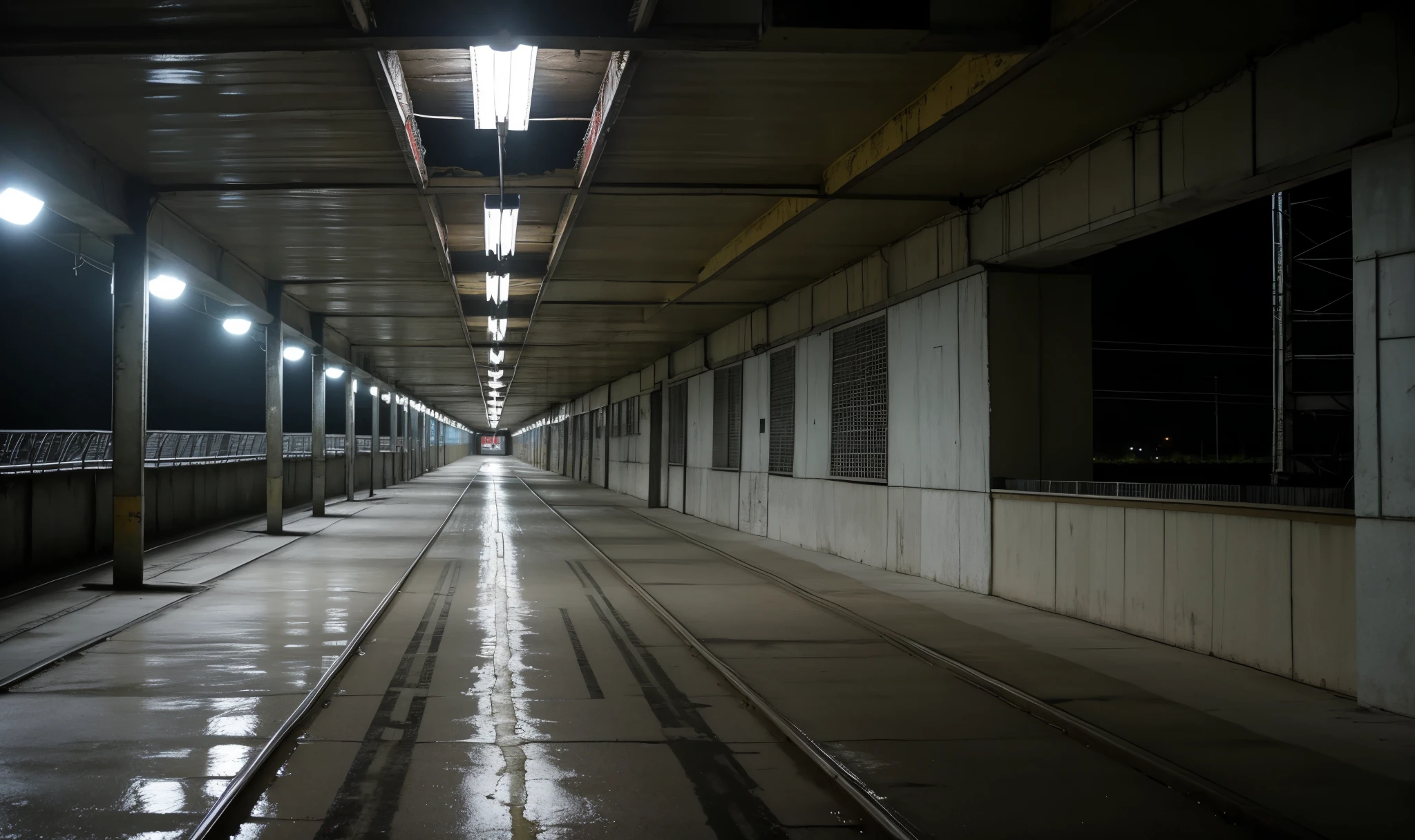 Chernobyl catwalk that is empty without people, the place with lights that looks dirty and at night with lights and punk details