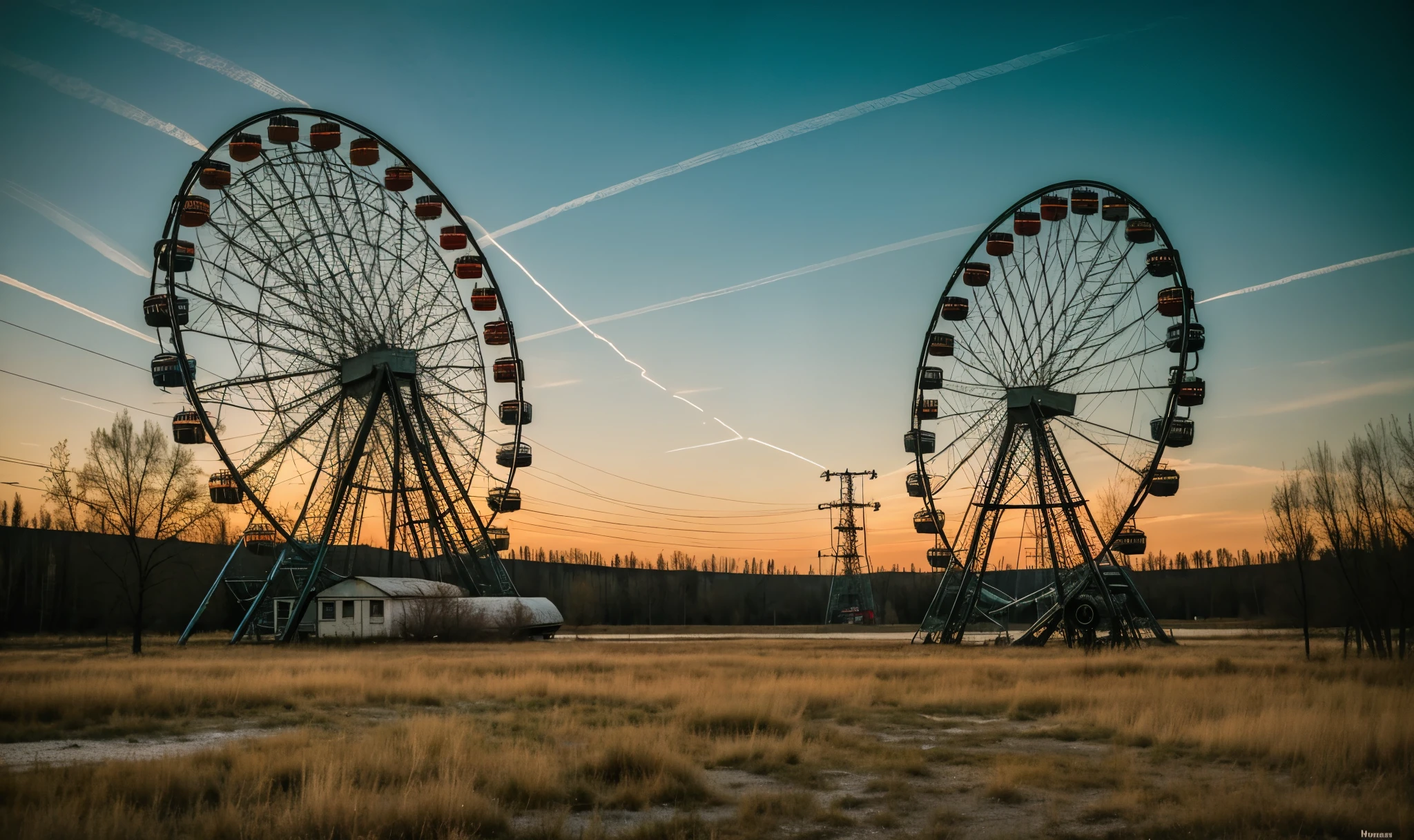 ((Best Quality)), ((Masterpiece)), (detailed), Chernobyl with lights and punk graffiti with many details without people seen from afar that there is a Ferris wheel with abandoned and rusty dry grass