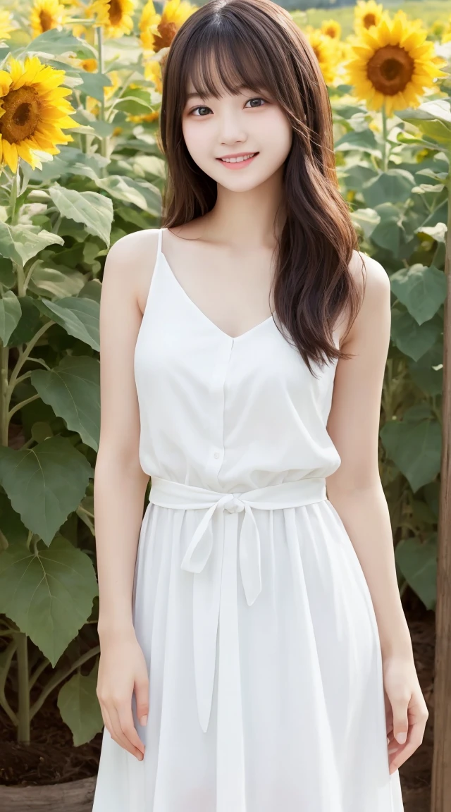 Tabletop, Highest quality, Very detailed, In detail, High resolution, 8k wallpaper, Beautiful big eyes,Black-haired、, Slender body、爽やかなsmile、Shows the whole body down to the waist、Very beautiful face,Very well-formed face、With sunflowers in the background、Beautiful girl wearing a sleeveless dress、smile、