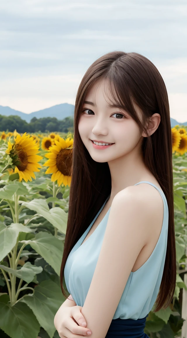 Tabletop, Highest quality, Very detailed, In detail, High resolution, 8k wallpaper, Beautiful big eyes,Black-haired、, Slender body、爽やかなsmile、Shows the whole body down to the waist、Very beautiful face,Very well-formed face、With sunflowers in the background、Beautiful girl wearing a sleeveless dress、smile、