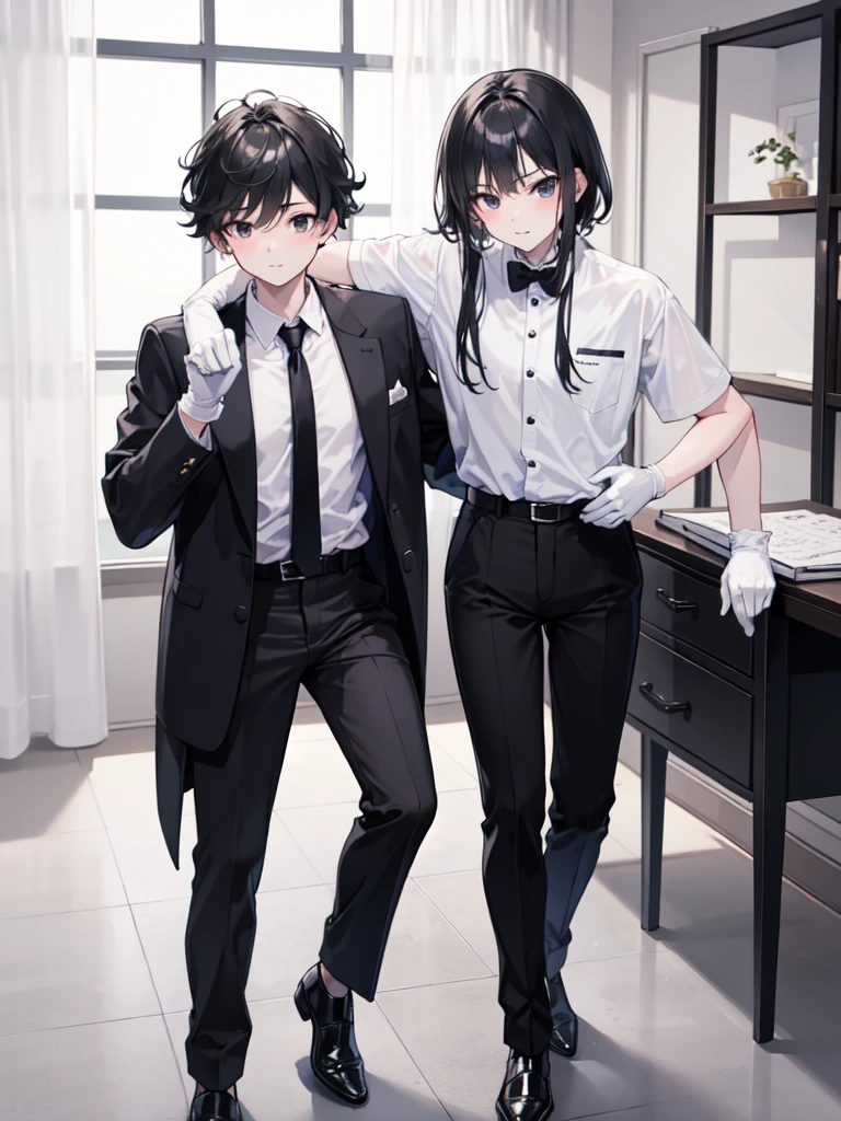 18-year-old boy，boy，boy，White and tender skin，cute，Wear a white long-sleeved shirt and a black jacket and a black work tie，Wear black trousers，Wear black booties，Wear white gloves，wear cat ear，Wearing a collar，Black hair，Black eyes，Very thin waist，Very thin legs，Handsome，Disdainful and cold expression，shy，blush，scared，Sweating，tired，pornography，porn action，is cumming，Fucked to open mouth，Cumming in the mouth