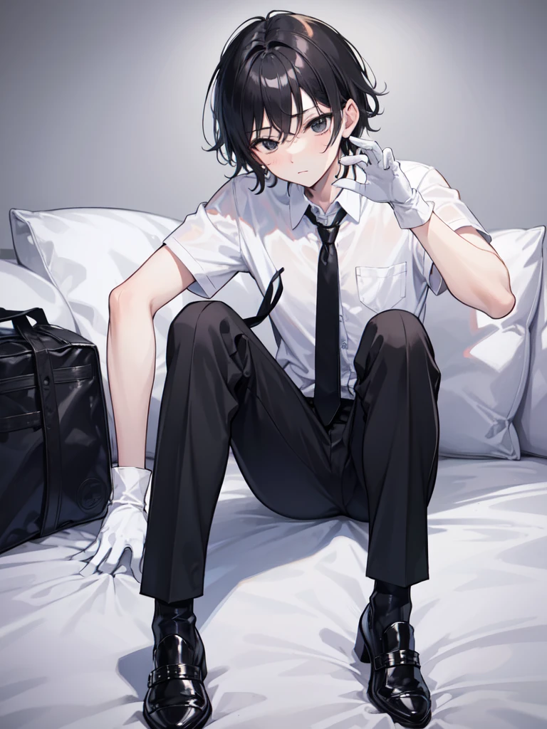 18-year-old boy，cute，Wear a white short-sleeved shirt and a black work tie，Wear black pants，Wear black booties，Wear white gloves，Black hair，Black eyes，porn pose