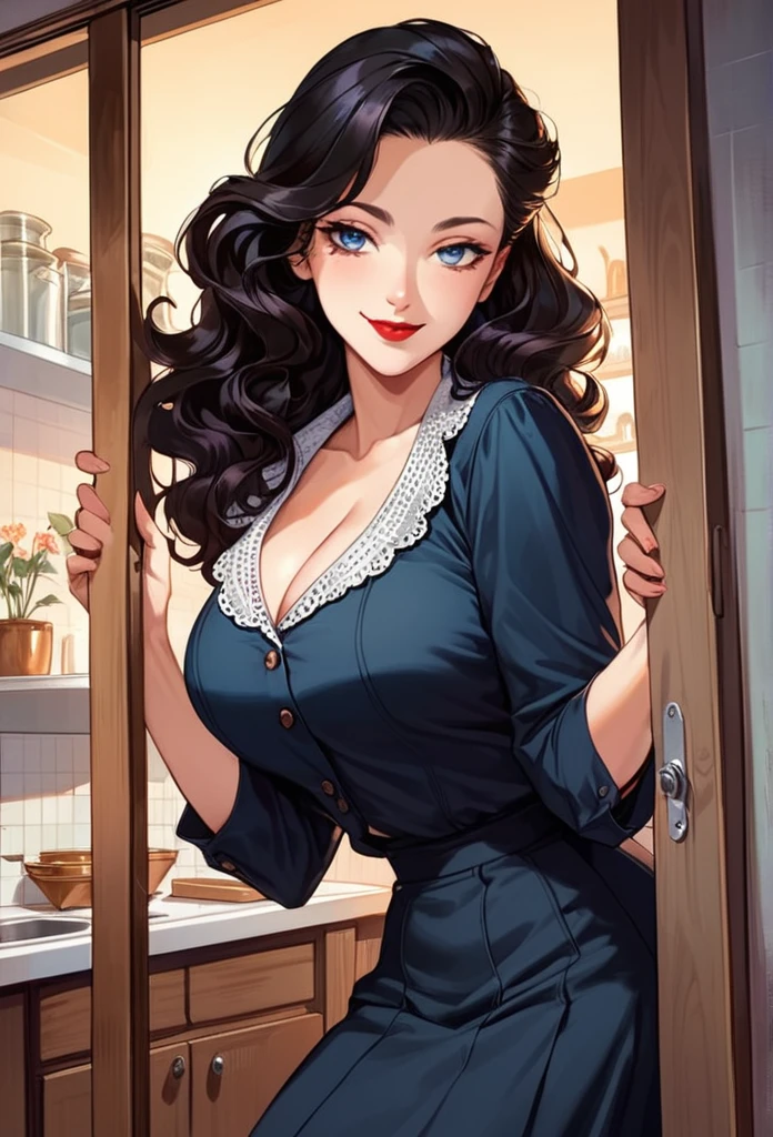 detailed illustration (side view),dynamic angle,ultra-detailed, detailed eyes, detailed face, 1girl, night , nightime, stars, 1940’s wife, button up blouse and long skirt, anime half closed eyes, lidded eyes, bedroom eyes, knowing smile, mischievous smile, smirk, standing in kitchen, domestic goddess, black hair, huge breasts, wholesome yet sexy, motherly, nurturing, MILF, glass sliding door, moonscape outside, dark blue eyes, highly detailed eyes, detailed eyes, bright eyes, long hair, wavy hair, red lips, buttons straining, cleavage too big, gaps between buttons, chest busting out