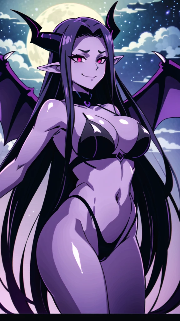 1girl,mature female,30s,sensual,black ouutfit,cleavage,medusa hair,pointy ears,black hair,long hair,(purple skin,colored skin),night,moon,floating,evil smile,dynamic pose,demon girl,demon tail, demon horns, demon wings